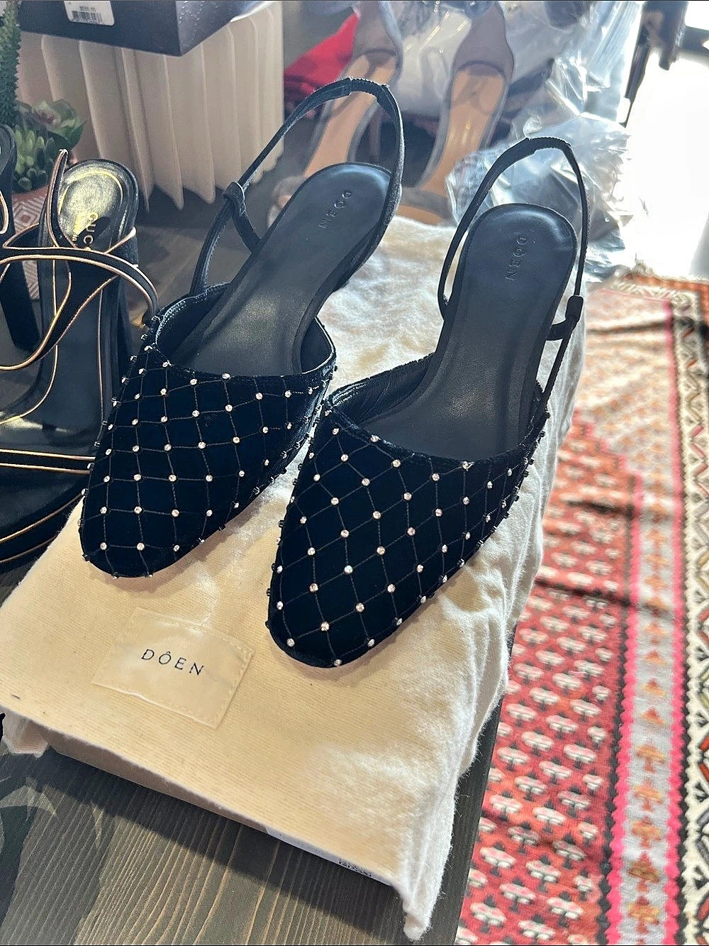 DÔEN Black Studded Slingback Heels